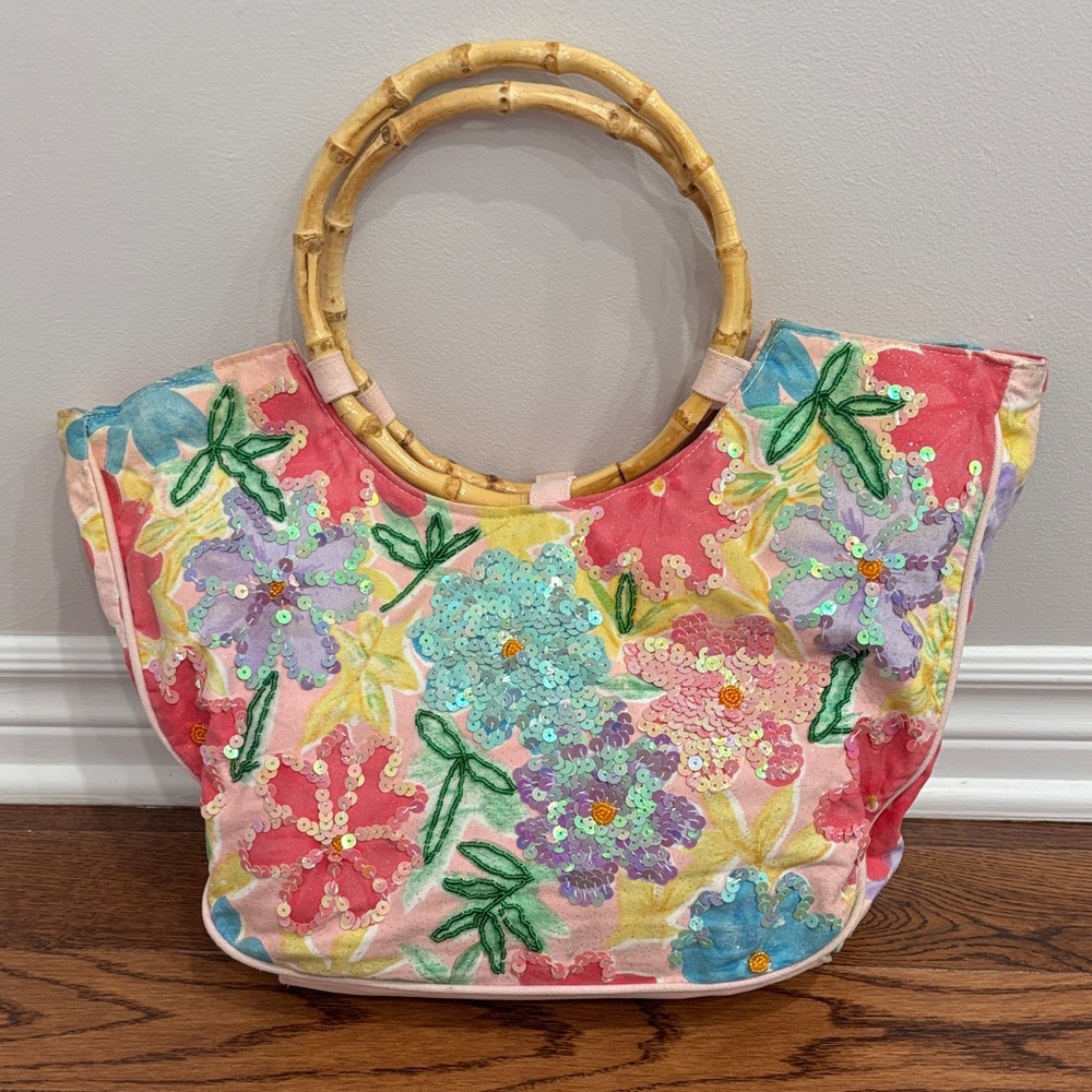 Floral Sequin Women's Bag with Bamboo Handles